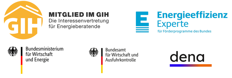 Logos: Mitglied im GIH, Energieeffizienz-Experte für Förderprogramme des Bundes, Bundesministerium für Wirtschaft und Energie, Bundesamt für Wirtschaft und Ausfuhrkontrolle sowie dena